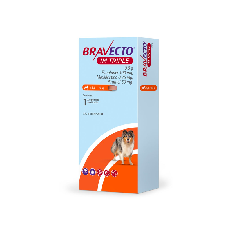 Antiparasitario Bravecto Triple 1MES De 5Kg A 10Kg Para Perros 1Comp.