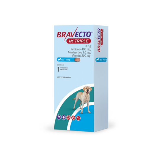 Antiparasitario Bravecto Triple 1MES De 20Kg A 40Kg Para Perros 1Comp.