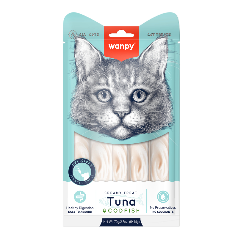 Wanpy Creamy Treat Tuna &amp; Codfish Cat - Atun Y Bacalao Snack Gato 5 Unidades