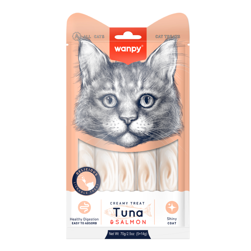 Wanpy Creamy Treat Tuna &amp; Salmon Cat - Atun Y Salmon Snack Gato 5 Unidades