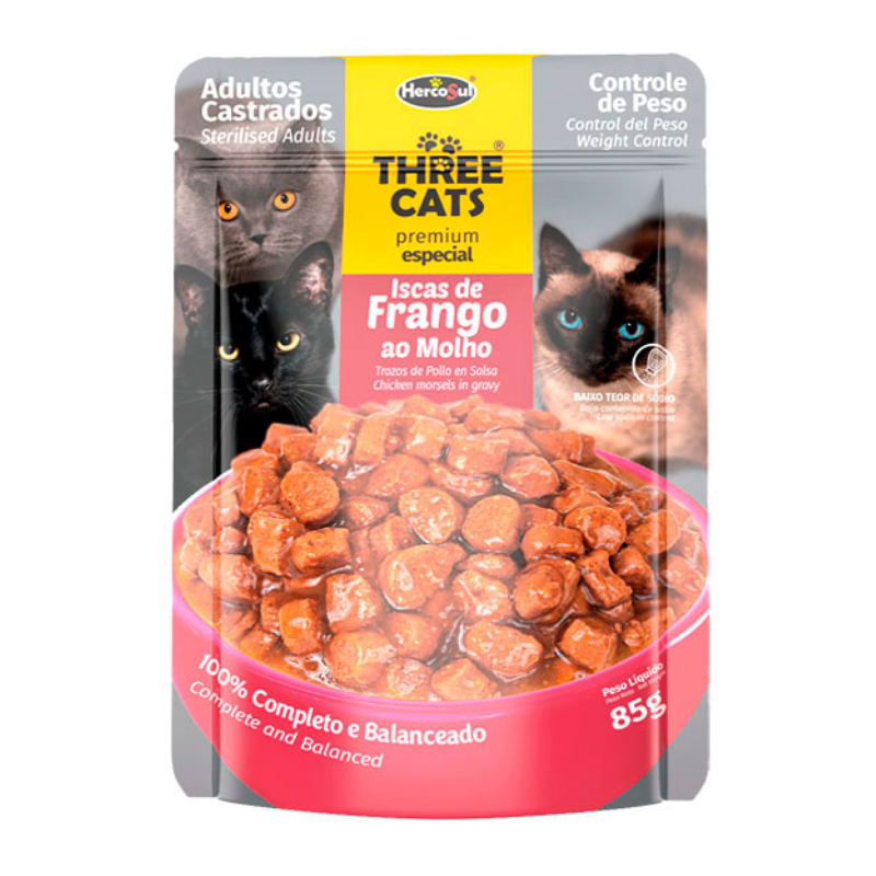 Pack Oferta 3 Unidades Three Cats Sterilised Adult Trocitos De Pollo En Salsa 85G