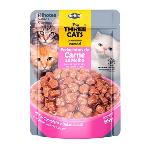 Three Cats Kitten Trocitos De Carne En Salsa Pouch 85G