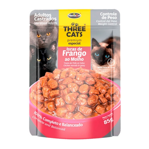 Three Cats Sterilised Adult Trocitos De Pollo En Salsa 85G